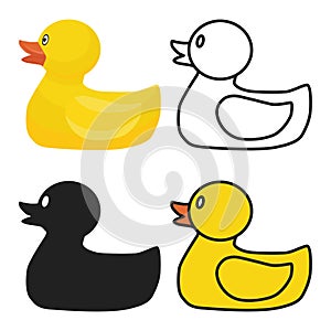 Set of rubber ducks. 4 variants of yellow swimming toys in the form of waterfowl.