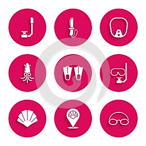 Set Rubber flippers, Scallop sea shell, Glasses and cap, Diving mask snorkel, Octopus, and Snorkel icon. Vector