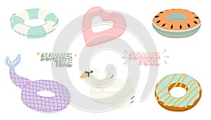 Set of rubber floats for pool and beach. Summer inflatable swim rings swan,heart, doughnut, mermaid's tail,watermelon