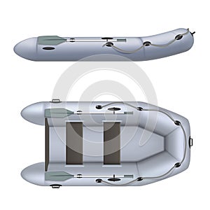 Set rubber inflatable boat side and top view vector illustration in realistic style.