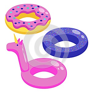 Set of rubber inflatable swimming rings.Toy for water and beach. Vector flat illustration of lifeboat