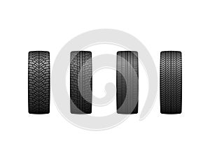 Set of rubber tires for summer and winter season isolated on white background. Car wheel racing