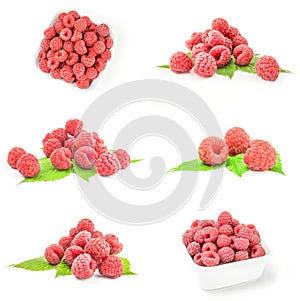 Collage of raspberries on a white background