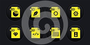Set RUBY file document, MAX, HTML, XLS, RAW, AI, WAV and PPT icon. Vector