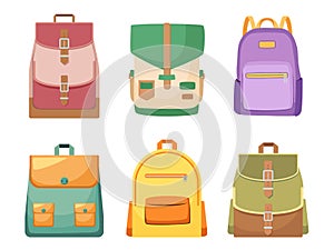 Set of Rucksacks, Backpacks and Schoolbags for Kids. Modern Student School Bags of Bright Colors, Knapsacks with Slings