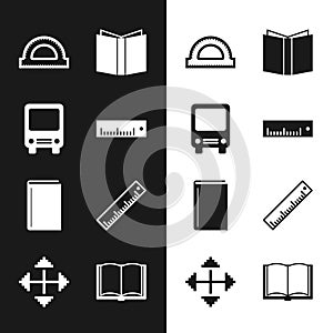 Set Ruler, Bus, Protractor grid, Open book, Book, and Pixel arrows in four directions icon. Vector