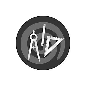 Set of ruler compasses pencil white icon in flat style. Vector sign set for architect