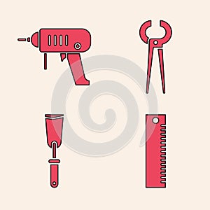Set Ruler, Electric drill machine, Pincers and pliers and Putty knife icon. Vector