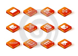 Set Ruler, Open book, Audio, Crossed ruler and pencil, Measuring height length, Supermarket building, and icon. Vector