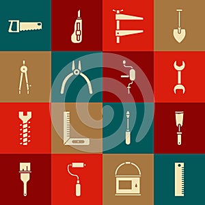 Set Ruler, Putty knife, Wrench spanner, Clamp tool, Pliers, Drawing compass, Hand saw and drill icon. Vector