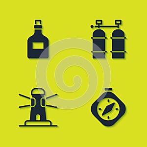 Set Rum bottle, Compass, Lighthouse and Aqualung icon. Vector