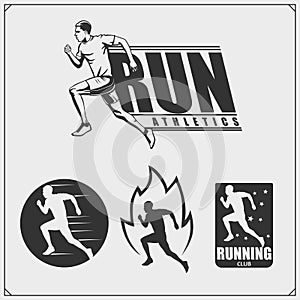 Set of running club labels, emblems and design elements. Silhouettes of runners.