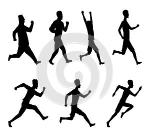 Set running silhouettes. Runners on sprint men human body shape in black color. Active people. Jpeg Illustration