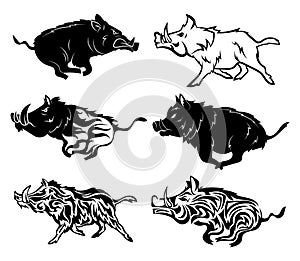 Set of running wild boars. Collection of stylized boars for the logo. Black and white illustration of a wild animal for