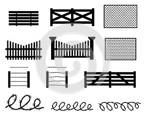 Set of rural fences in silhouette style