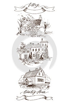 Set of Rural landscape with old farmhouse and garden. Hand drawn illustration in vintage style. Retro tape with an