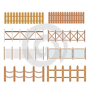 Set of rural wooden fences, pickets vector. White silhouettes fence for garden illustration photo