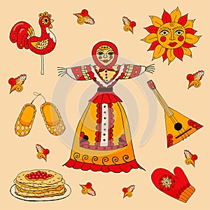 Set of Russian holiday Maslenitsa. Collection of traditional Russian symbols: Lollipop cockerel, sun, pancakes caviar, braided