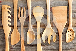 Set of rustic wooden handcrafted kitchen utensils