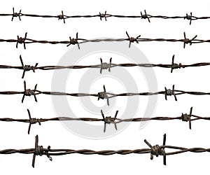 Set of rusty barbed wire isolated on white background
