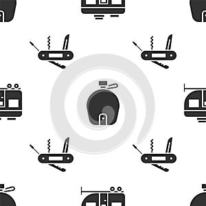 Set Rv Camping trailer, Canteen water bottle and Swiss army knife on seamless pattern. Vector