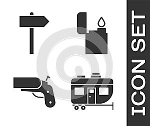 Set Rv Camping trailer, Road traffic signpost, Flare gun pistol and Lighter icon. Vector