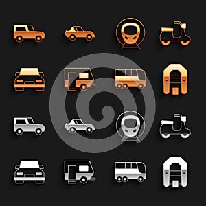 Set Rv Camping trailer, Scooter, Rafting boat, Bus, Car, Train and railway, and icon. Vector