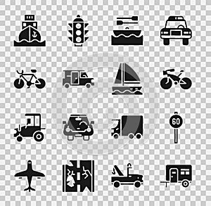 Set Rv Camping trailer, Speed limit traffic, Bicycle, Boat with oars, Minibus, Cargo ship and Yacht sailboat icon