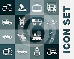 Set Rv Camping trailer, Surfboard, Rafting boat, Cable car, Scooter, Car, and Bus icon. Vector