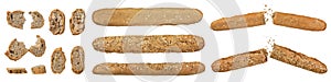 Set of rye whole grain french baguettes, long bread, isolate. A set crispy rye baguettes, cut into slices, broken in
