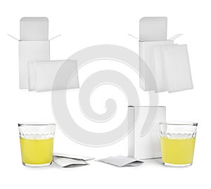 Set with sachets of medicine on white background