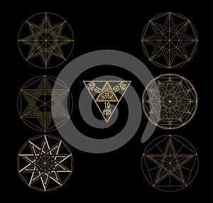 Set sacred geometry abstract elements vector set isolated on black background