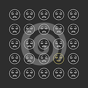 Set of sad emoticons. Line icons emoticons. Happy and unhappy smileys. Emoji set. Vector illustration