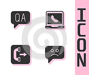 Set Sad smile, Question and Answer, Outgoing call phone and Telephone 24 hours support icon. Vector