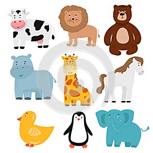 Set of Safari Animals Illustration cow lion bear hippo giraffe horse elephant penguin duck.