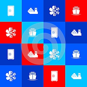 Set Safe, Cargo ship, Air conditioner and Ship icon. Vector