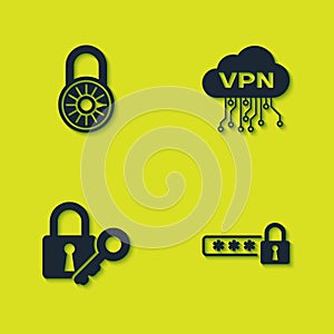 Set Safe combination lock wheel, Password protection, Lock and key and Cloud VPN interface icon. Vector