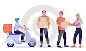 Set of safe online delivery service illustration. Man courier with parcel riding on scooter and client.