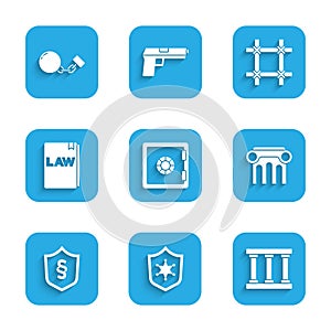 Set Safe, Police badge, Prison window, Law pillar, Justice law shield, book, and Ball chain icon. Vector