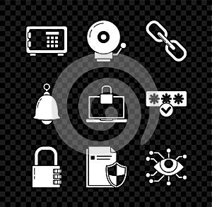 Set Safe, Ringing alarm bell, Chain link, combination lock, Document protection concept, Eye scan, and Laptop and icon