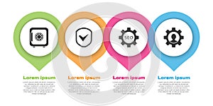 Set Safe, Shield with check mark, Seo tag with gear wheel and Human with gear inside. Business infographic template