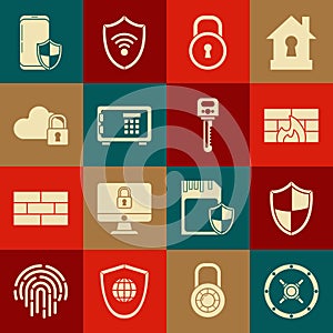 Set Safe, Shield, Firewall, security wall, Lock, Cloud computing lock, Smartphone with shield and Key icon. Vector