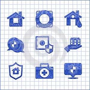 Set Safe with shield, First aid kit, Location, House in hand, flood and icon. Vector