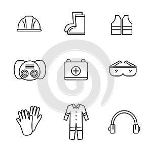 Set of safety equipment icon line