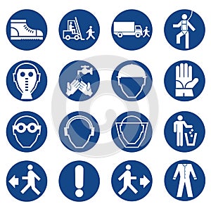 Set of safety equipment signs. Mandatory construction and industry signs. Collection of safety and health protection equipment. Pr