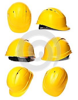 Set with safety hardhat on background. Construction tool