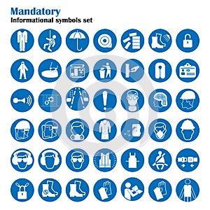 Set of safety and health protection signs. Mandatory construction and industry signs. Collection of safety equipment