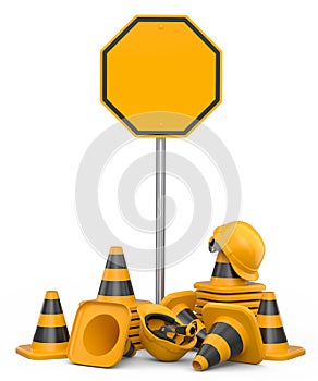 Set of safety helmets or hard hats and traffic cones, road sign on white