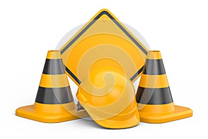 Set of safety helmets or hard hats and traffic cones, road sign on white