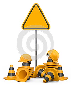 Set of safety helmets or hard hats and traffic cones, road sign on white